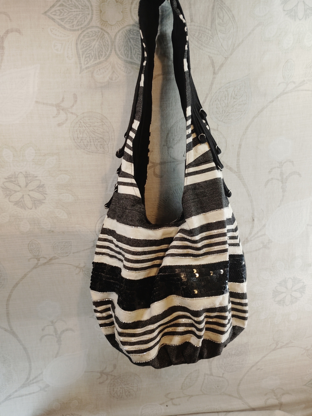 Black and White Striped Sequin Accent Shoulder/Hobo Bag